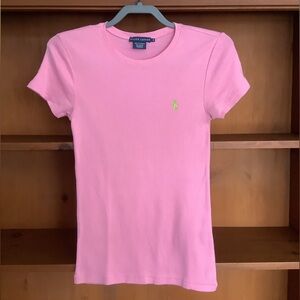 Ralph Lauren Polo Pink Fitted Short Sleeve T-Shirt Green Pony Logo Size Medium